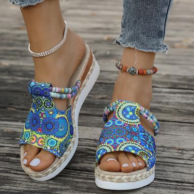 TEMU [beach Wear] Women's Summer Fashion Wedge Sandals, Mid Heel Platform Slip-on Open Toe Fabric Upper With Pu Sole And Insole, Ladies Sandals Image