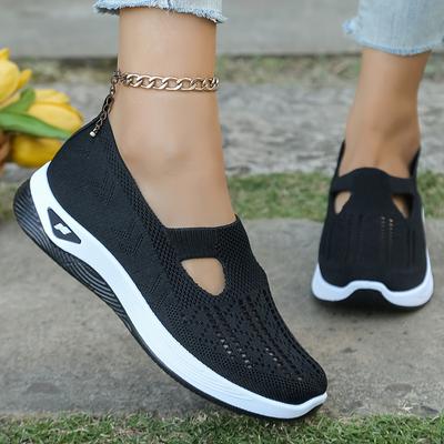 TEMU Breathable Women's Outdoor Sneakers - Comfortable Mesh Walking Shoes, Black With White Accents, Soft Pvc Sole, For Seniors, Spring Summer Shoes|| Image