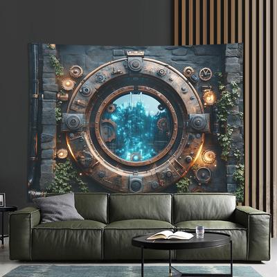 TEMU Vintage Steampunk Gear Window Wall Tapestry, Polyester 3d Visual Effect Hanging Ornament, Fit, With No Electricity Required, For Living Room, Bedroom, Office, Party Decor, Creative Gift Idea Image