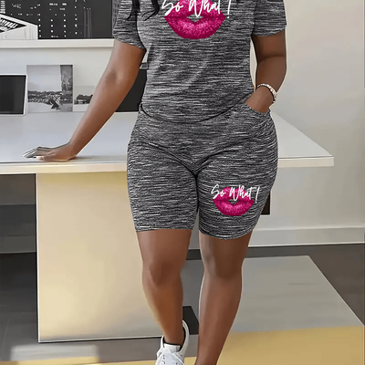 TEMU Women's Casual Two-piece Set, Polyester 95% Spandex 5%, Round Neck Short Sleeve T-shirt, & Pink Lip & Pattern & Shorts, Double Pockets, Spring/summer Knitted Fabric Suit, With Details Image