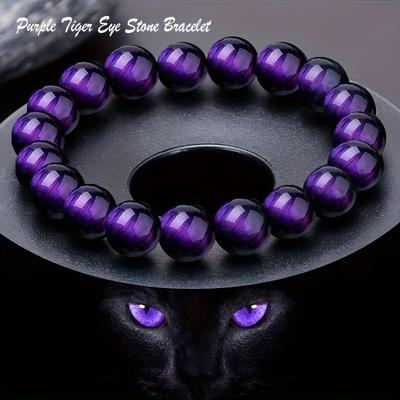 TEMU 1pc 8mm Natural Purple Tiger Eye Stone Bracelet – Handmade Round Beaded Unisex Fashion Accessory, Elegant Gift For , Bohemian Style For Casual Attire Or Special Occasions, Tiger Eye Jewelry Image