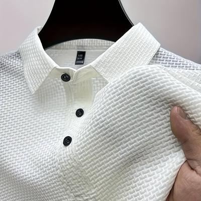 TEMU Mesh Comfortable Semi-transparent Thin Men's Elastic Solid Color Short Sleeve Collar Golf Shirt, Summer Outdoor, Men's Gift Image