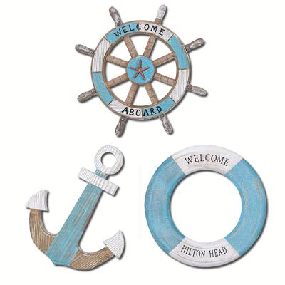 TEMU Nautical Style Wall Decoration Set Of 3- Wooden Anchor, , And Printed With 'welcome ' And ' Head', Ocean Theme Wall Decoration, Indoor Nautical Decoration, No Electricity Needed Image
