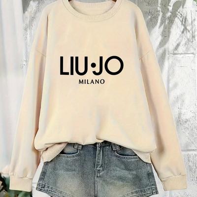TEMU Women's Casual Long Sleeve Round Neck Sweatshirt - Liluo Italy Letter Print, Black With White Graphic, , Machine Washable, Comfortable Pullover, Durable Fabric Image