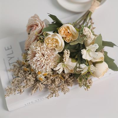 TEMU 1pc Lifelike Artificial For Lotus Bouquet - Home & Hotel Decor, Wedding Arrangements | Realistic Fabric Flowers With And Flexible Iron Wire Stem, Roses, Trimming, Image