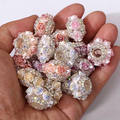 TEMU 5pcs Flower Beads Set Cz Flat Ball Rose Acrylic Spacer, For Making, Bead Pen Phone Holder And Bag Accessories Image
