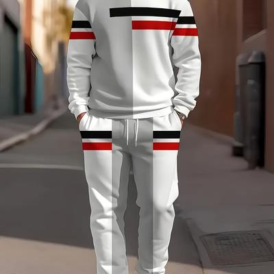 TEMU Men's Casual Color Block Tracksuit - Crew Neck Sweatshirt & Drawstring Pants, White/black/red, Polyester, Knit Fabric, Spring/fall Image