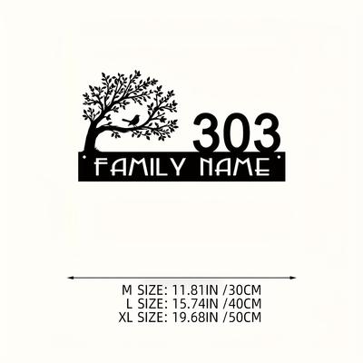 TEMU Custom Metal Door Sign - Personalized Family Name Address Plaque For Decor, No Battery Needed, Garden Wall Art, Black Silhouette Design With Bird And Tree Accents Image