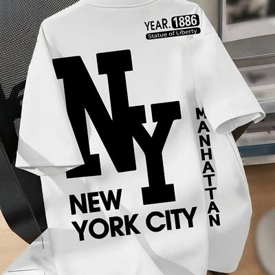 TEMU Men's Ny Graphic T-shirt - Casual Summer Streetwear, 100% Polyester, Round Neck, Short Sleeve, New , Machine Washable, Summer Casual Wear | Casual Round Neck | Smooth Texture Shirt Image