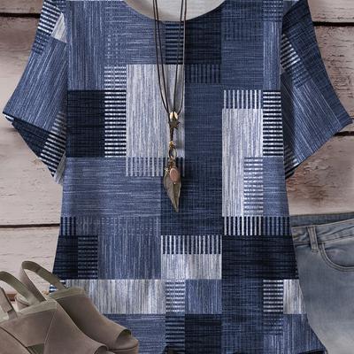 TEMU Women's Plus Size T-shirt, Casual Crew Neck Short Sleeve Top With Print, 96% Polyester 4% Elastane, Medium Stretch Knit Fabric, 180g/m² - Wear Image