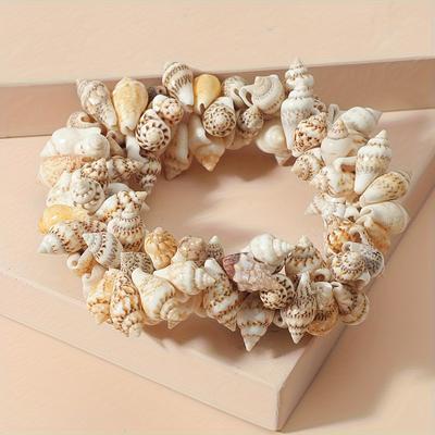 TEMU Boho-chic White Seashell & Starfish Elastic Bracelet - Beach Vacation Accessory For Women, Stretchy & Stylish, Beach Accessories Image