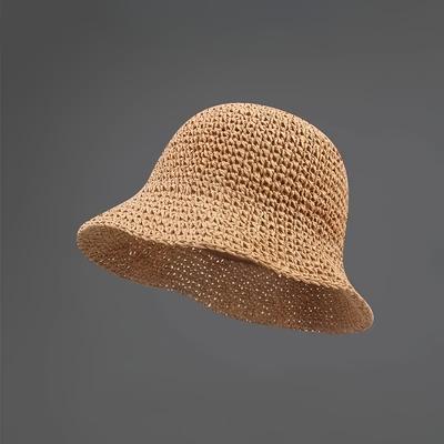 TEMU 1pc Breathable Crochet Straw Bucket Hat For Women - Vintage Style, Wide Brim, Foldable Fisherman Cap, Very Suitable For Summer And Beach Image