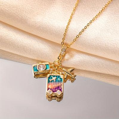 TEMU 1pc Luxury Stainless Steel Camera & Airplane Pendant Necklace With Synthetic Zirconia, Unisex Hypoallergenic , Neck Accessory For Couples, Students, Party Gift - , All- Image