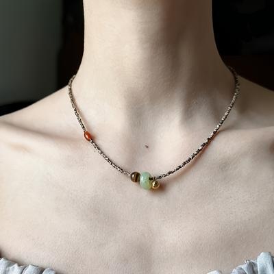 TEMU Bohemian Retro Layered Necklace With Red Tiger Eye, Green Aventurine & Golden Beads - Alloy Delicate Chain For Casual Attire, Versatile Jewelry Gift For Women Image