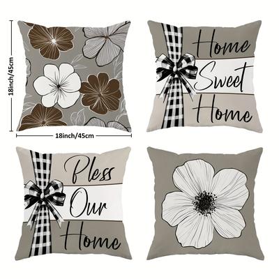 TEMU 4pcs Spring Floral Bow Velvet Throw Pillow Covers Grey Brown Cosy Soft Decorative Pillowcases 1 Sided Printing For Summer Living Room Bedroom Sofa Bed Decor Without Pillow Inserts Image