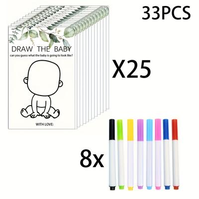 TEMU 33/58pcs Painting Game Shower Game Signs And 25/50pcs Small Cards Fun Shower Cards With 8pcs Marking Pens Party Decoration Shower Gender Reveal Guest Activity Gift, Kids Shower Games Image