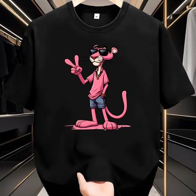TEMU Men's Pink Panther Graphic Tee - Casual Crew Neck Short Sleeve T-shirt With Glasses & Glasses Design, Relaxed Fit, Breathable Summer Top For Casual Attire, Casual Attire Tee | Design Tee | Tee Image