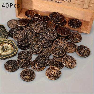 TEMU 40pcs Pirate-themed Golden With And Design - , Plastic, Ideal For Birthday Or Pirate Parties, Retro Coin Decorations, Party Decoration | Decor | Metallic Finish, Pirate Party Decorations Image