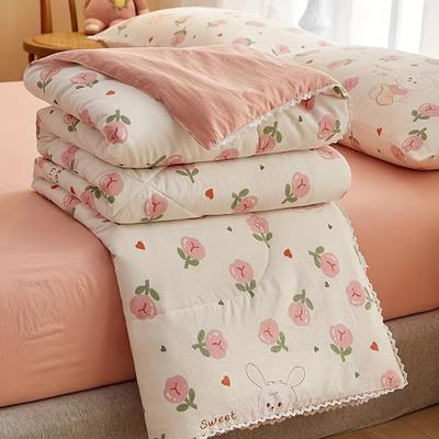 TEMU 1pc Of Pink Rose , Solid Color Fabric, Smooth Silky Filling, With Lace Tassels, Suitable For Summer Bedrooms, Guest Rooms, , Offices, Travel, And Gift Use - Lightweight Quilt. Image