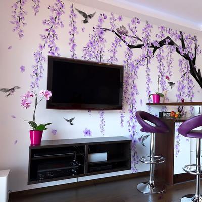 TEMU 4pcs Purple Peach Tree Branch Magpie Bird Living Room Background Wall Room Decoration Wall Sticker Chinese Style Wall Sticker Image