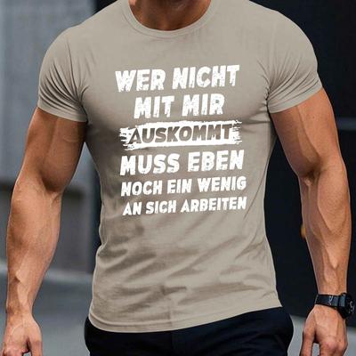 "TEMU [everyday ] Men's Funny German Quote Short Sleeve T-shirt - "auskommit Mus Eben" Humorous Summer Top, Dark Color, Casual Round Neck, Machine Washable Polyester Blend" Image
