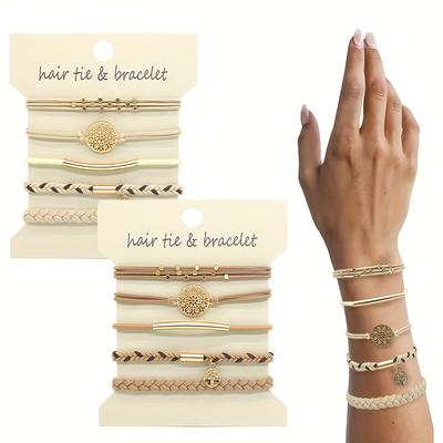 TEMU 10-pack Bohemian Style Hair Tie Set - Fabric Hair Bands With Color Patterns, Twist No-damage Accessories For Ponytails And Braids, Alloy Charm, Solid Color For 14+ Image