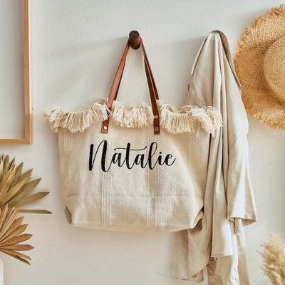 TEMU Personalized Embroidered Name Tote Bags - Customizable Beige/white Gift Bags For Bridesmaid Proposals, Weddings, Beach Trips & Travel - Hand Wash Only Image
