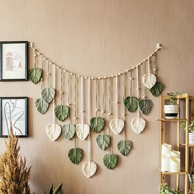 TEMU Boho Chic Rattan Wall Decor With White Leaves And Beads - Lightweight, Hand-woven Hanging Art For Bedroom, Living Room, Or B&b - Spring Freshness & Boho , Bedroom Wall Decor Image