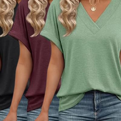 "TEMU Women's V-neck T-shirt 3pcs Set - Casual Short Sleeve Tops In Black, White, And Gray With "" Print, Soft Polyester Fabric For Everyday Wear, Ladies T Shirt" Image