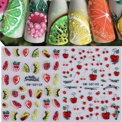 TEMU 2 Sheets Summer Design 5d Nail Stickers Fruits Grape Watermelon Kiwi With Water Drop Type Embossed Relief Decals Nail Sliders Manicure Decoration Nail Supplies For Women Image