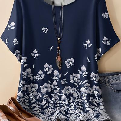 TEMU Plus Size Floral Print T-shirt For Women - Casual Crew Neck, Short Sleeve, Lightweight Top With Bloom Design, , Spring Summer Top | Elegant Casualwear | Floral Image