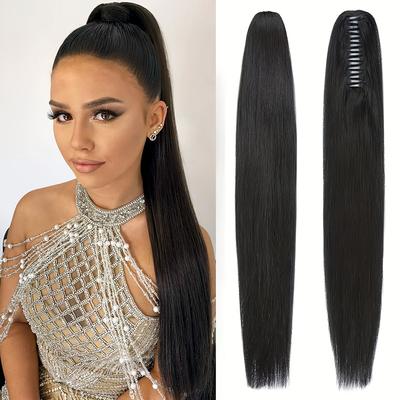 TEMU Human Hair Claw Clip Ponytail Extension - Straight Black Hair With Secure Clip For Women, Versatile Drawstring Style, Hair Clip Image