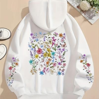 TEMU Chic Floral Print Hoodie For Women - Casual Pullover With Drawstring, Polyester , Machine Washable - All Image