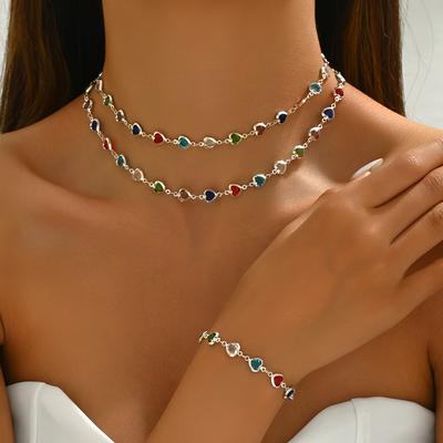 TEMU 1 Bracelet + 1 Necklace Elegant And Stylish Light-colored Heart- Jewelry Set Suitable For Women', Vacation, Or Party Wear Image