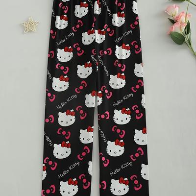 TEMU Hello Kitty Printed Pajama Pants, Elastic Waist Long Pants, Cute Teen Home Clothes, Polyester And Spandex, Machine Washable, Hello Kitty Pajama Pants, Loose Fit, Casual, Home Sleepwear Image