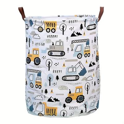 TEMU Large Capacity Cartoon Print Laundry & Toy Storage Basket - Waterproof, Foldable, Durable With Portable Handles, Bohemian Style, Home Organizer, Construction Theme Design, Laundry Hampers Image