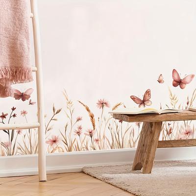 TEMU 1pc Flower Wall Sticker, Decorative Bohemian Flower Decals, Dandelion Grass Wall Art, Self-adhesive Floral Patterns For Girls' Bedrooms And Living Room Wall Decoration. Image