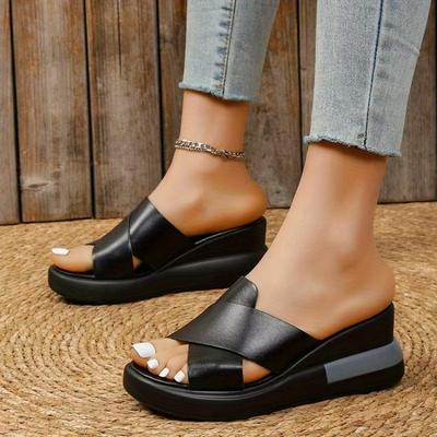 TEMU Women' Black Sandals With Chunky Heel - Comfortable Slip-on, Open Toe Design, Synthetic Upper, Pu Sole, Casual Attire, Casual Footwear | Chunky Heel Sandals | Comfortable Footwear Image