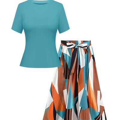 TEMU Two-piece Outfit Featuring An Adorable Solid Top And A Geometric Patterned Skirt For Women. Image