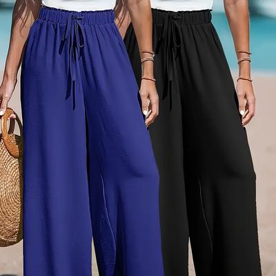 TEMU 2pcs Women's Wide Leg Pants - Solid Color, Casual , Drawstring Waist, , Beach-ready Attire, Vacation Attire | Relaxed Fit Pants | Durable Fabric, Beach Clothes Image