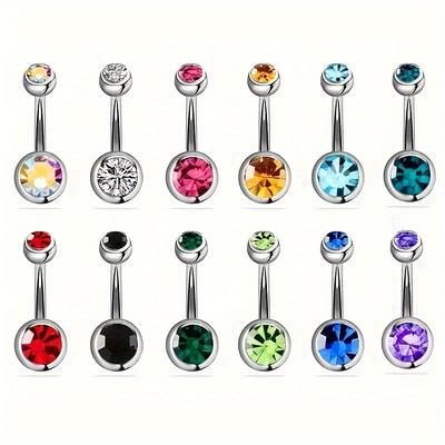 TEMU 12pcs Stainless Steel Belly Button Ring Set With Gemstones - Hip Hop/, Assorted Colors, Body Piercing Jewelry For & Parties, Belly Button Jewelry Image