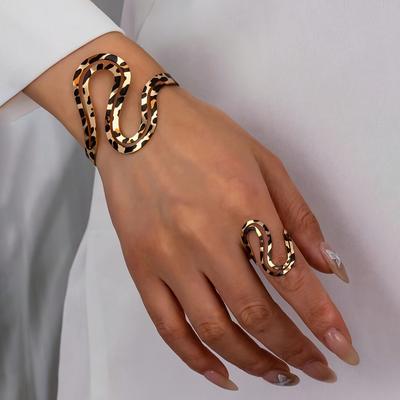 TEMU A Bracelet And A Ring, A Women's Jewelry Set Featuring Leopard Print Twisted Lines With A Bohemian Style, Wear And Gifting. Image