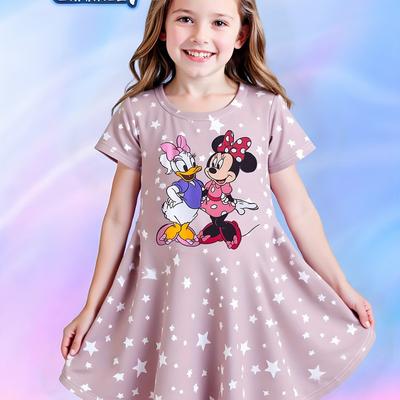 TEMU Girls Summer New 3d Tie-dye Printed Cute Cartoon And Daisy Pattern Short Sleeve Dress Comfortable And Cool Suitable For Parties, School, Shopping And Other Different Scenes Image