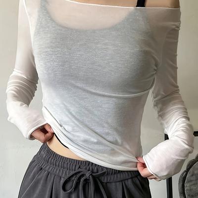 TEMU Women's Y2k Off Shoulder Asymmetrical Viscose Blend Top, Solid Color Sheer Knit Tunic, Casual Short Length Pullover With Elastane For All Image