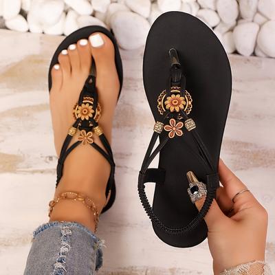 TEMU Boho Beaded Thong Sandals For Women - Black Cover Flat Summer Shoes With Floral & Embellishments, Elastic Ankle Strap, Casual Beachwear, Comfortable Footwear | Boho | Durable Rubber Sole Image