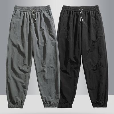 TEMU Men's Casual Two-piece Jogger Set - Beige And Black, Quick-dry Fabric, Drawstring Waist, Cropped Length, , Casual Attire|cropped Joggers|, Jogger Pants Image