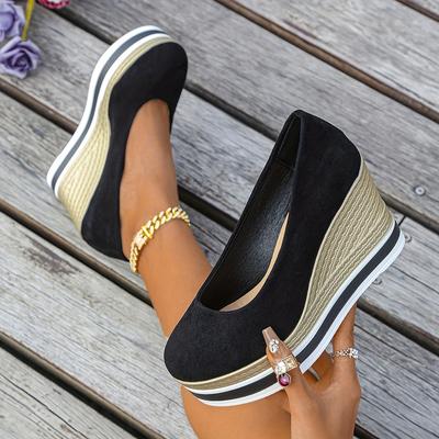 TEMU Women's Wedge Heel Espadrille Pumps - Black & Beige, Strappy Design, Comfortable Flannel Upper, Rubber Sole, Ideal For All Image