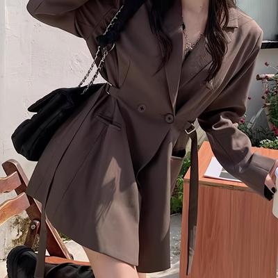 TEMU Elegant Brown Double-breasted Blazer For Women - Long Sleeve, Polyester Fabric With Belt Detail, Machine Washable, Professional Or Image