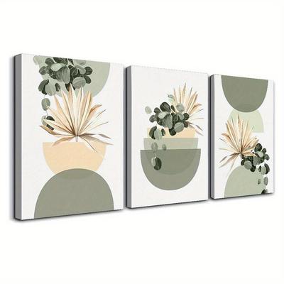 TEMU Sage Design 3pcs Bohemian Set - Medieval Modern Plants With Abstract Minimalist Printed Pine Frame Living Room Bedroom Home Office Decor Image