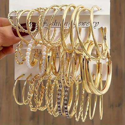TEMU 36-piece Set Fashion Hoop Earrings For Women - Elegant & With Rhinestone Accents, Iron Construction With Stainless Steel Posts, Versatile For & Parties Image